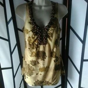 INC Women's Beaded V Neck Sheer Floral Tank Top